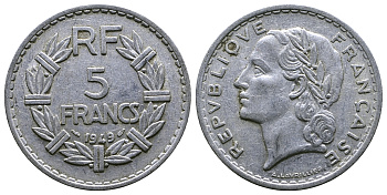 Франция 5 франков 1949 тип Лаврийе KM 888b.1, LE FRANC 339.17 алюминий 4364-4332
