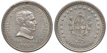 Уругвай 25 сентесимо 1960 KM 40 медно-никель 4169-821