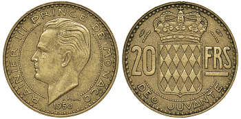 Монако 20 франков 1950 Ренье III (1949-2005) KM 131 алюминиевая бронза 51-2526