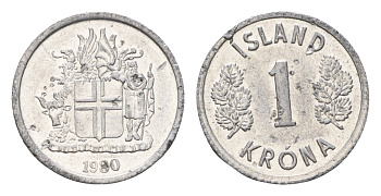 Исландия 1 крона 1980 KM 23 алюминий UNC 4687-825