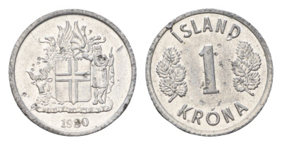 Исландия 1 крона 1980 KM 23 алюминий UNC 4687-825