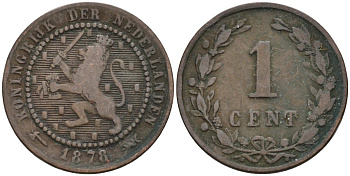 Нидерланды 1 цент 1878 Виллем III (1849-1890) KM 107 бронза 4576-533