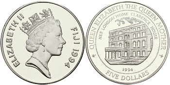 Фиджи 5 долларов 1994 Кларенс-хаус, дом королевы матери KM 69 серебро PROOF 1066-3-33