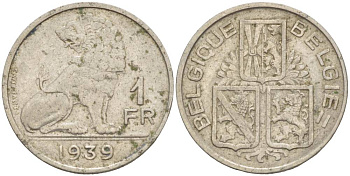 Бельгия 1 франк 1939 Леопольд III (1934-1950), Belgique-Belgie, лев KM 119 никель 4546-227