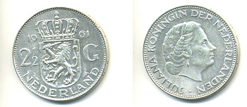 Нидерланды 2 1/2 гульдена 1961 Юлиана (1848-1980) KM 185 серебро 83-626