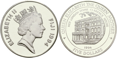 Фиджи 5 долларов 1994 Кларенс-хаус, дом королевы матери KM 69 серебро PROOF 1066-3-33