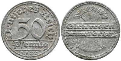 ГЕРМАНИЯ 50 ПФЕННИГОВ 1922 KM 27, J. 301 алюминий 24-1116