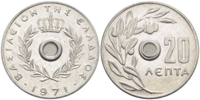Греция 20 лепта 1971 Константин II (1964-1974), оливковая ветвь KM 79 алюминий UNC 28-1016