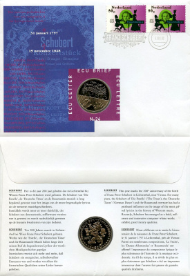 Нидерланды 1 экю 1997 200 лет со дня рождения Франца Шуберта, в оригинальном конверте, с марками, первый день гашения X 224 медно-никель BU 4-3-8-36