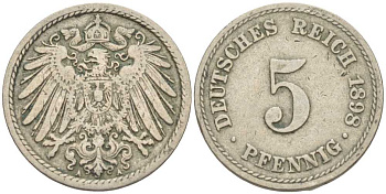 ГЕРМАНИЯ 5 ПФЕННИГОВ 1898 A KM 11, J. 12 медно-никель 105-219