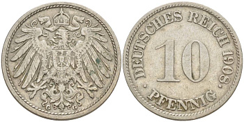 Германия 10 пфеннигов 1908 G KM 12, Jager 13, Weege 8 медно-никель 219-145