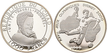 Чад 1000 франков 1999 XXVII олимпийские игры в Сиднее, гандбол серебро PROOF 04-317-24