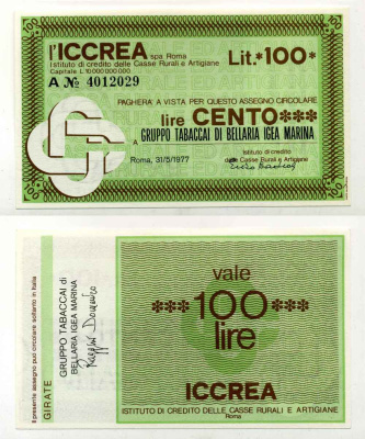Италия 100 лир 1977 Iccrea spa Roma, табачная группа BelLaria igea marina, 31 мая 1977 Рим бумага UNC (пресс) 8588-21-4-1