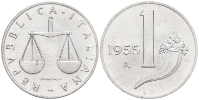 Италия 1 лира 1955 R, весы KM 91 алюминий  UNC  4594-648