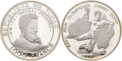 Чад 1000 франков 1999 XXVII олимпийские игры в Сиднее, гандбол серебро PROOF 04-317-24