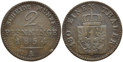 Пруссия 2 пфеннига 1854 А, Фридрих Вильгельм IV (1840-1861) KM 452, Jaeger 51, Olding 336, AKS 91 медь 4381-954