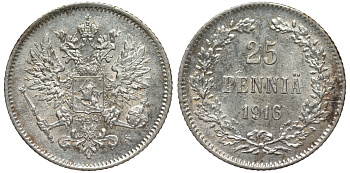 Россия для Финляндии 25 пенни 1916 S, Николай II (1894-1917) KM 6.2, Биткин 421 серебро 75-1349