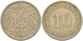 Германия 10 пфеннигов 1903 A KM 12, J. 13, Weege 8 медно-никель 259-842