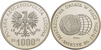 Польша 1000 злотых 1986 MW, чемпионат мира по футболу в Мексике 1986 года, футбольный мяч и глобус, PROBA, тираж 9000 экземпляров KM Pr 541, Parchimowicz P.486a серебро PROOF 1085-2-22