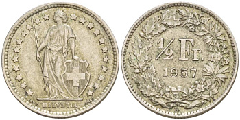Швейцария 1/2 франка 1957 B KM 23 серебро 4532-1025