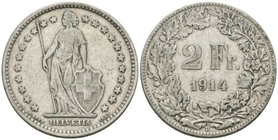 Швейцария 2 франка 1914 В KM 21 серебро 4579-634