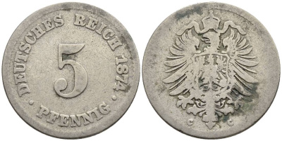 ГЕРМАНИЯ 5 ПФЕННИГОВ 1874 C, СТАРОГЕРБОВКА KM 3, Jager 3, Weege 5 медно-никель 4546-1024