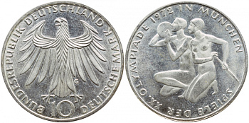 ФРГ 10 марок 1972 G, XX летние Олимпийские Игры, Мюнхен 1972, спортсмены KM 132, J. 403 серебро UNC 1520-1441