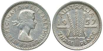 Австралия 3 пенса 1957 m, Елизавета II (1952-2022) KM 57 серебро 71-543
