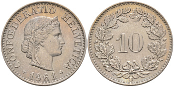 Швейцария 10 раппенов 1961 В KM 27 медно-никель 188-734