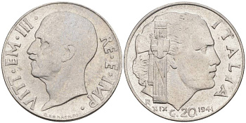 ИТАЛИЯ 20 ЧЕНТЕЗИМО 1941 R, ГОД XIX, ВИКТОР ЭММАНУИЛ III (1900-1946) KM 75b, VEM3. 1028 нержавеющая сталь 3853-831