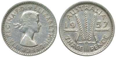 Австралия 3 пенса 1957 m, Елизавета II (1952-2022) KM 57 серебро 71-543