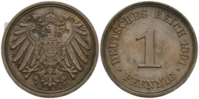 Германия 1 пфенниг 1891 A, Вильгельм II (1888-1918) KM 10, J. 10 медь 4547-1261