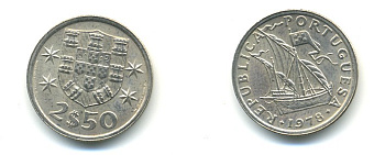 ПОРТУГАЛИЯ 2,5 ЭСКУДО 1978 ПАРУСНИК KM 590 медно-никель 176-147