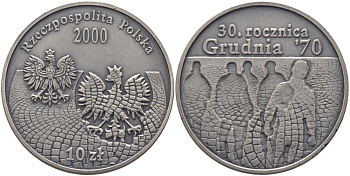 Польша 10 злотых 2000 MW, волнения 1970-1971 годов, 30-ая годовщина KM 405 серебро PROOF 1082-3-34
