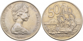 Новая Зеландия 50 центов 1974 Елизавета II (1952-2022), парусник Индевор KM 37.1 медно-никель 51-1545