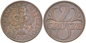 ПОЛЬША 2 ГРОША 1938 w KM 9a, Parchimowicz 102m бронза 4181-1163