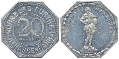 Германия, Нюрнберг - Фюрт 20 пфеннигов ND трамвайный жетон, фонтан с гусями алюминий UNC 4119-734