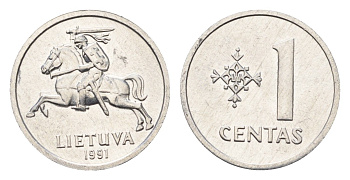 Литва 1 цент (сент) 1991 год-тип KM 85 алюминий UNC 4689-1017