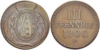 САКСОНИЯ 3 ПФЕННИГА 1800 С, ФРИДРИХ АВГУСТ III (1763-1806) KM 1037 (С92) медь 210-215