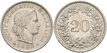 Швейцария 20 раппенов 1968 В KM 29a медно-никель 55-853