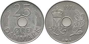 ДАНИЯ 25 ЭРЕ 1978 S; B, МАРГРЕТЕ II (1972-) KM 861.1 медно-никель 175-721