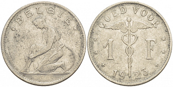Бельгия 1 франк 1923 Belgie, Альберт I (1909-1934) KM 90 никель 51-246