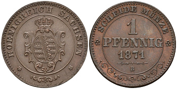 Саксония 1 пфенниг 1871 В, Johann (1854-1873) KM 1216 медь aUNC 4585-734