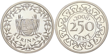 Суринам 250 центов 2008 KM 24 медно-никель PROOF 1523-1125