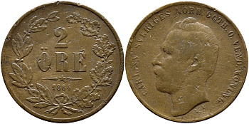Швеция 2 эре 1864 Карл XV (1859-1872) KM 706 бронза 1530-844