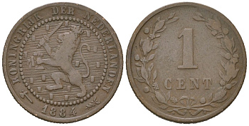 Нидерланды 1 цент 1884 Виллем III (1849-1890) KM 107 бронза 4154-458