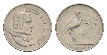ЮАР 5 центов 1967 Ян ван Рибек (1619-1677), South Africa, легенда на англинском, райский журавль KM 67.1 никель 4621-251