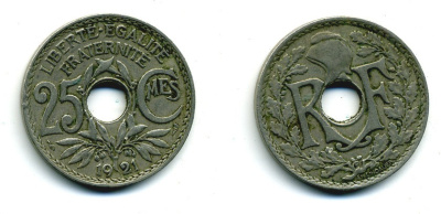ФРАНЦИЯ 25 САНТИМОВ 1921 KM 867а медно-никель 84-416