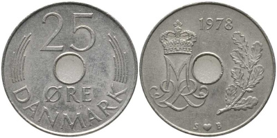 ДАНИЯ 25 ЭРЕ 1978 S; B, МАРГРЕТЕ II (1972-) KM 861.1 медно-никель 175-721
