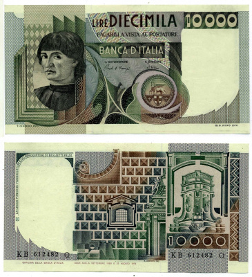 Италия 10000 лир 1980 Мужской портрет Андреа дель Кастаньо Pick 106b UNC (пресс) 7204-17-2